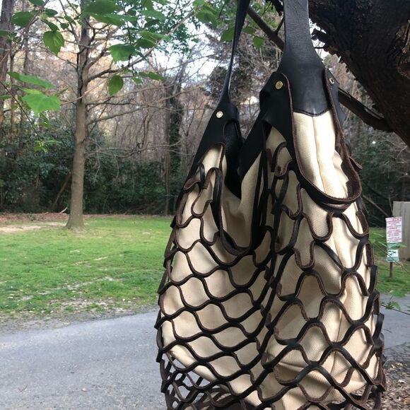 BCBG MAX AZRIA New Leather/ Linen-Fishnet Tote - Picture 6 of 15